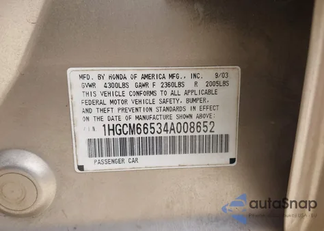 2004 Honda Accord 3.0 Ex z USA, uszkodzony, nr VIN 1HGCM66534A008652